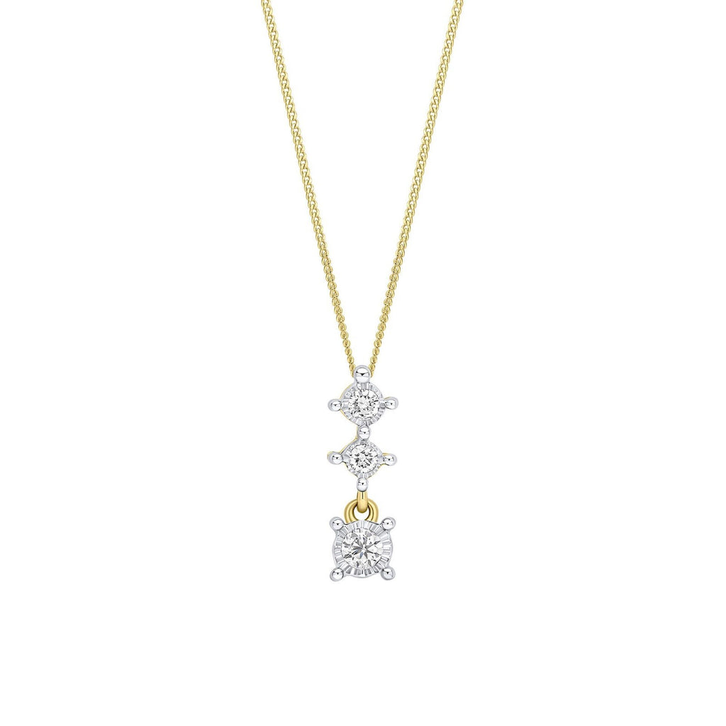 3 Stone Natural Diamond Pendant 9ct 2 Tone Gold 375 Hallmarked British Made