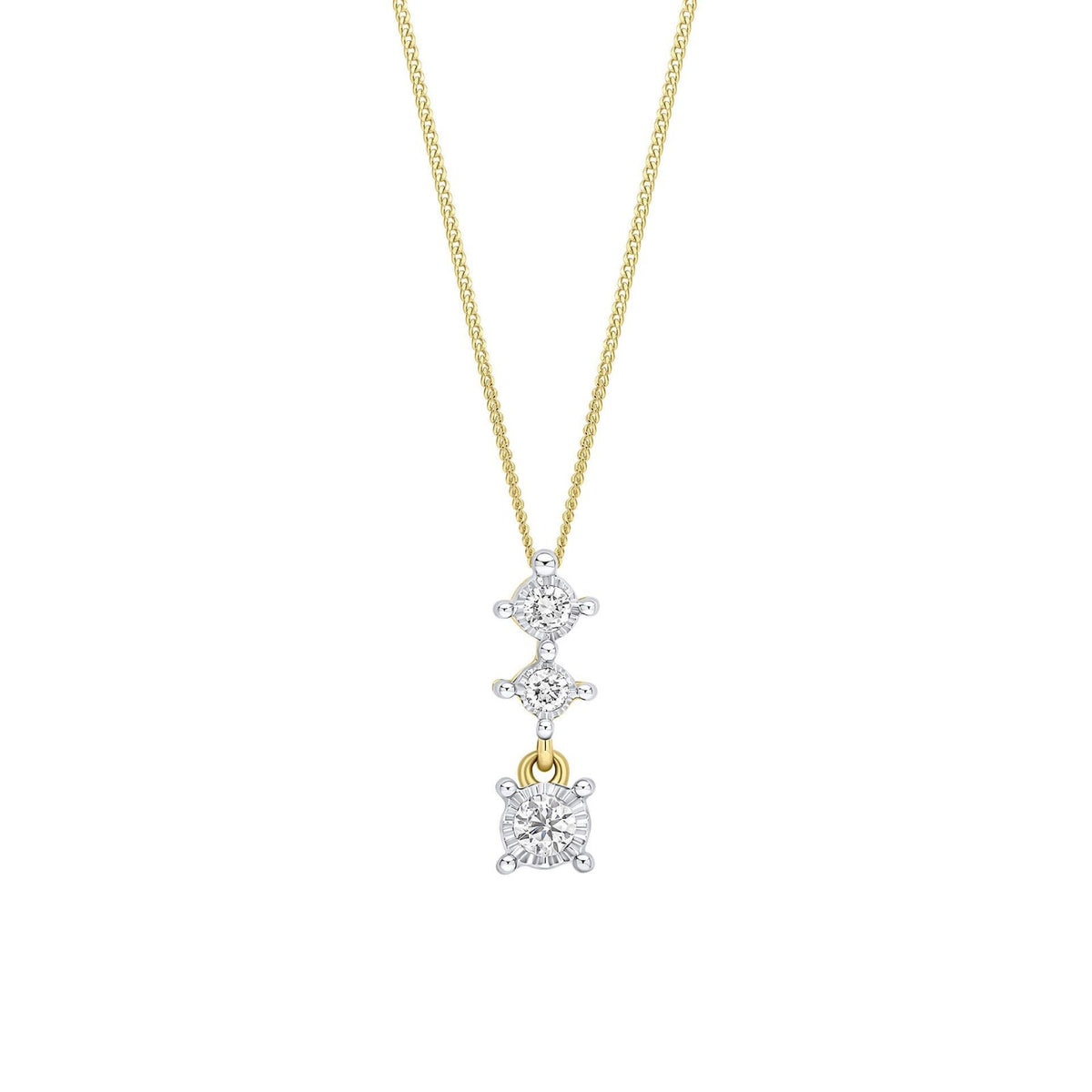 3 Stone Natural Diamond Pendant 9ct 2 Tone Gold 375 Hallmarked British Made