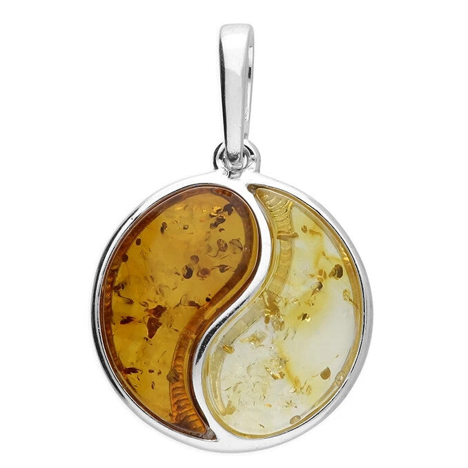 Ying Yang Chinese Amber Pendant Sterling Silver 925 Hallmarked All Chain Lengths