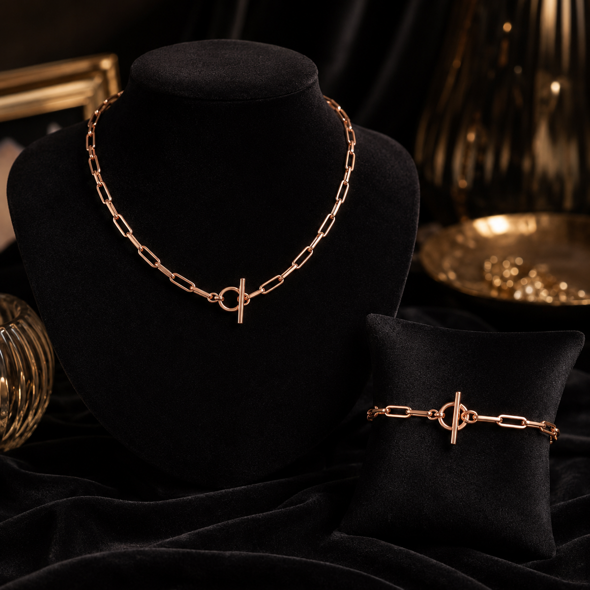 T Bar Necklace and Bracelet Set 9ct Rose Gold 375 Hallmarked British Made