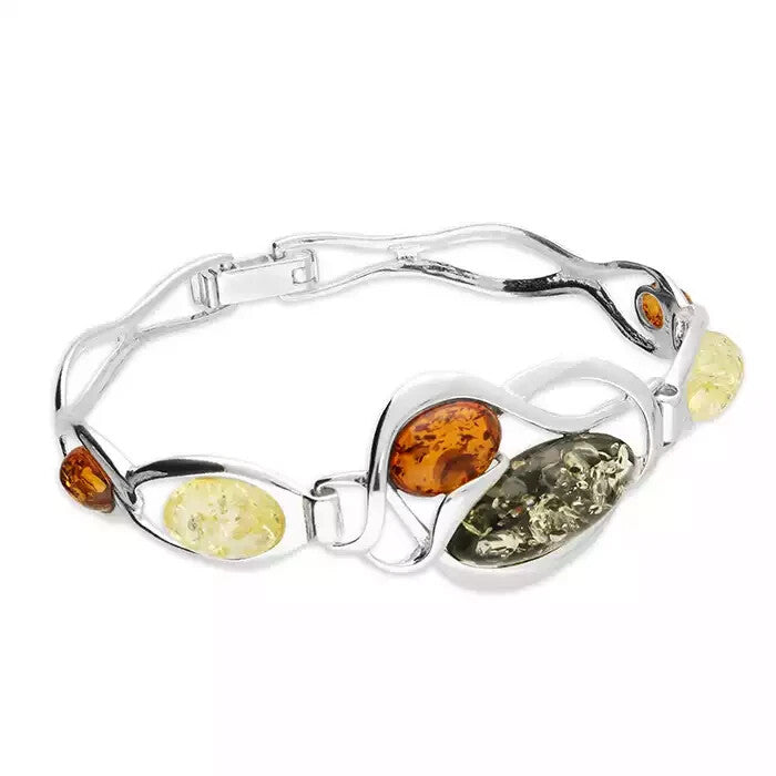 Statement Mixed Amber Bangle Sterling Silver 925 Hallmark British Made Brand New