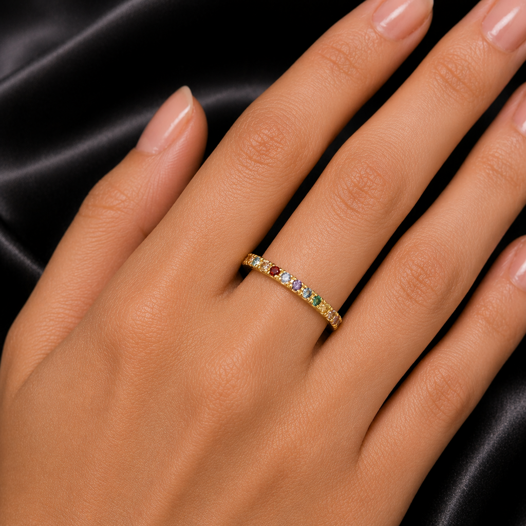 Rainbow Half Eternity Ring 9ct Yellow Gold Hallmarked Sizes J - Q  British Made