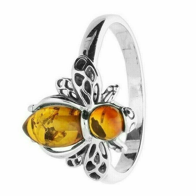 Cognac Amber Bumble Bee Ring Solid Sterling Silver 925 Hallmark (All Sizes)