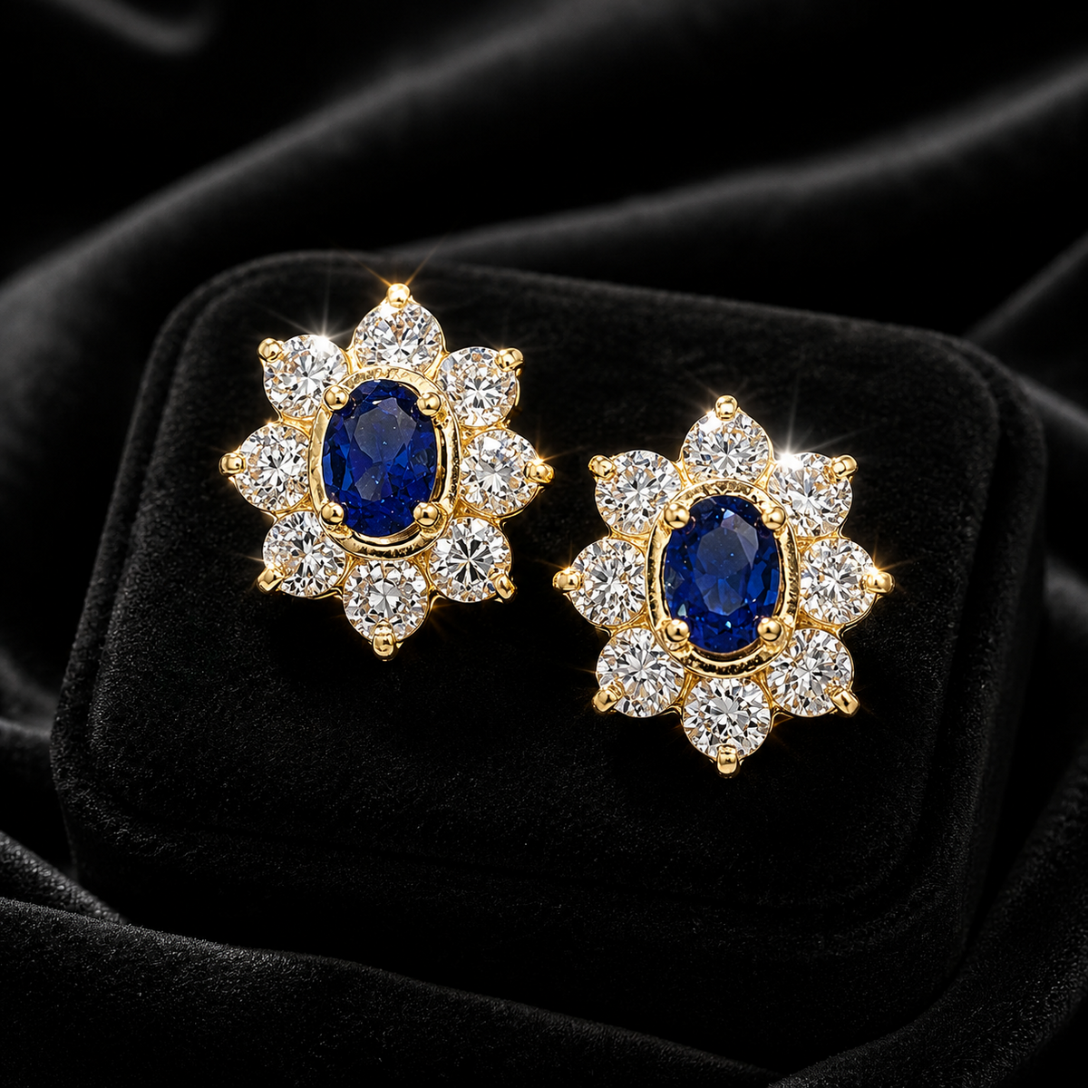 Sapphire Cluster Earrings 9ct Yellow Gold Hallmarked British Made New Boxed