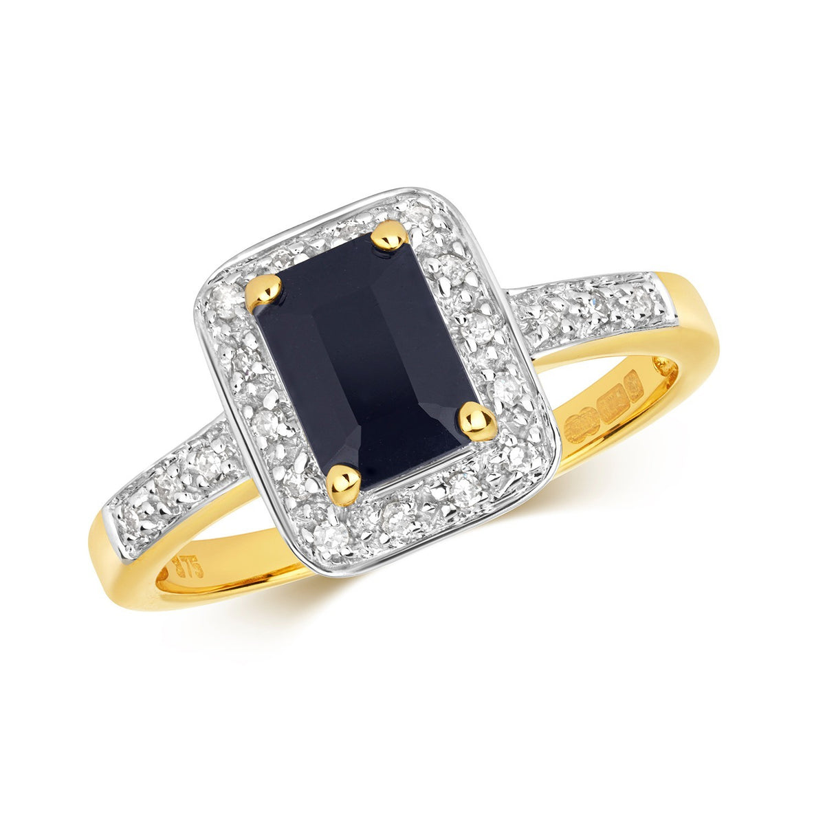 Halo Baguette Sapphire Diamond Ring 9ct 2 Tone Gold 375 Hallmarked Sizes J - Q