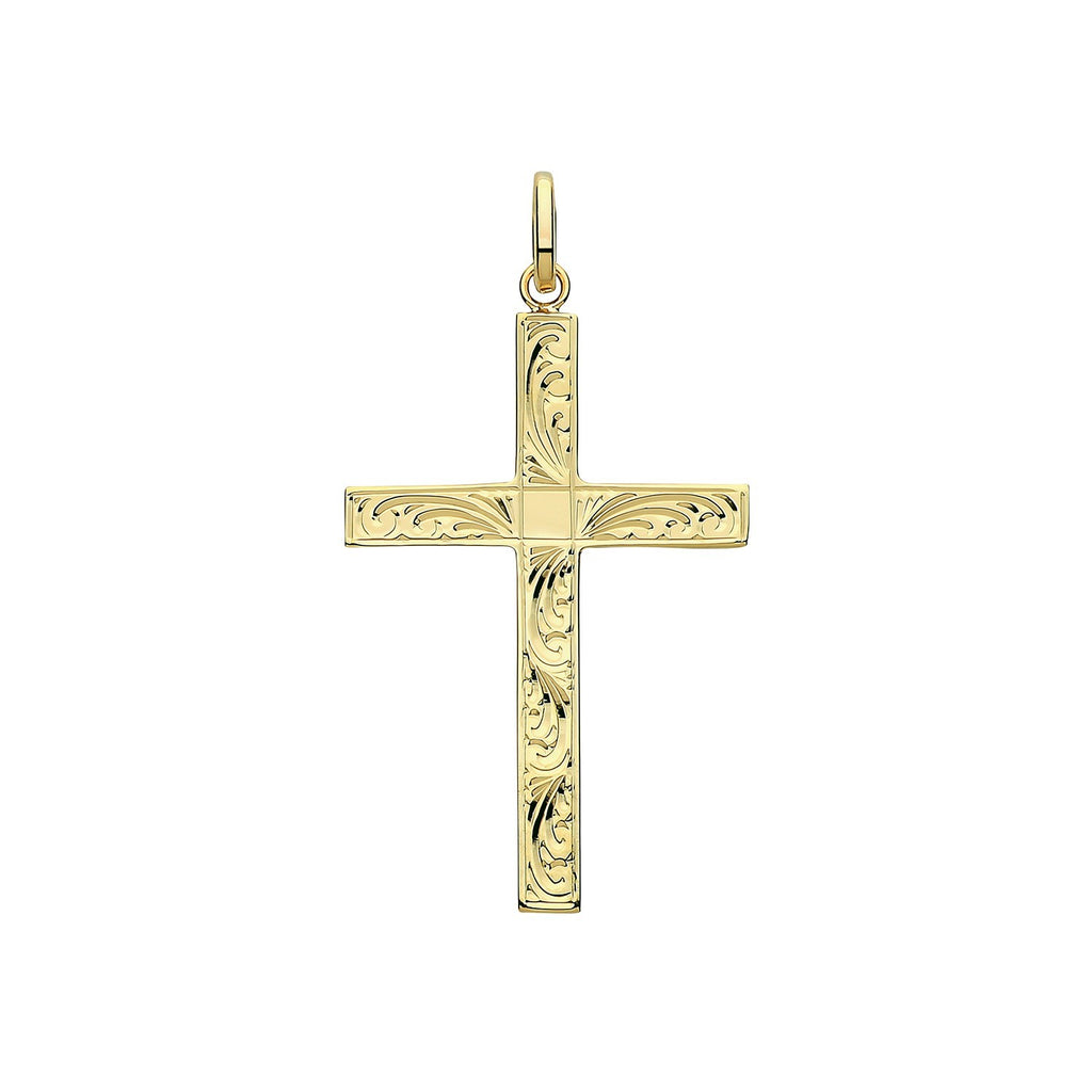 Large 9ct Yellow Gold Engraved Cross Pendant 375 Hallmarked All Chain Lengths