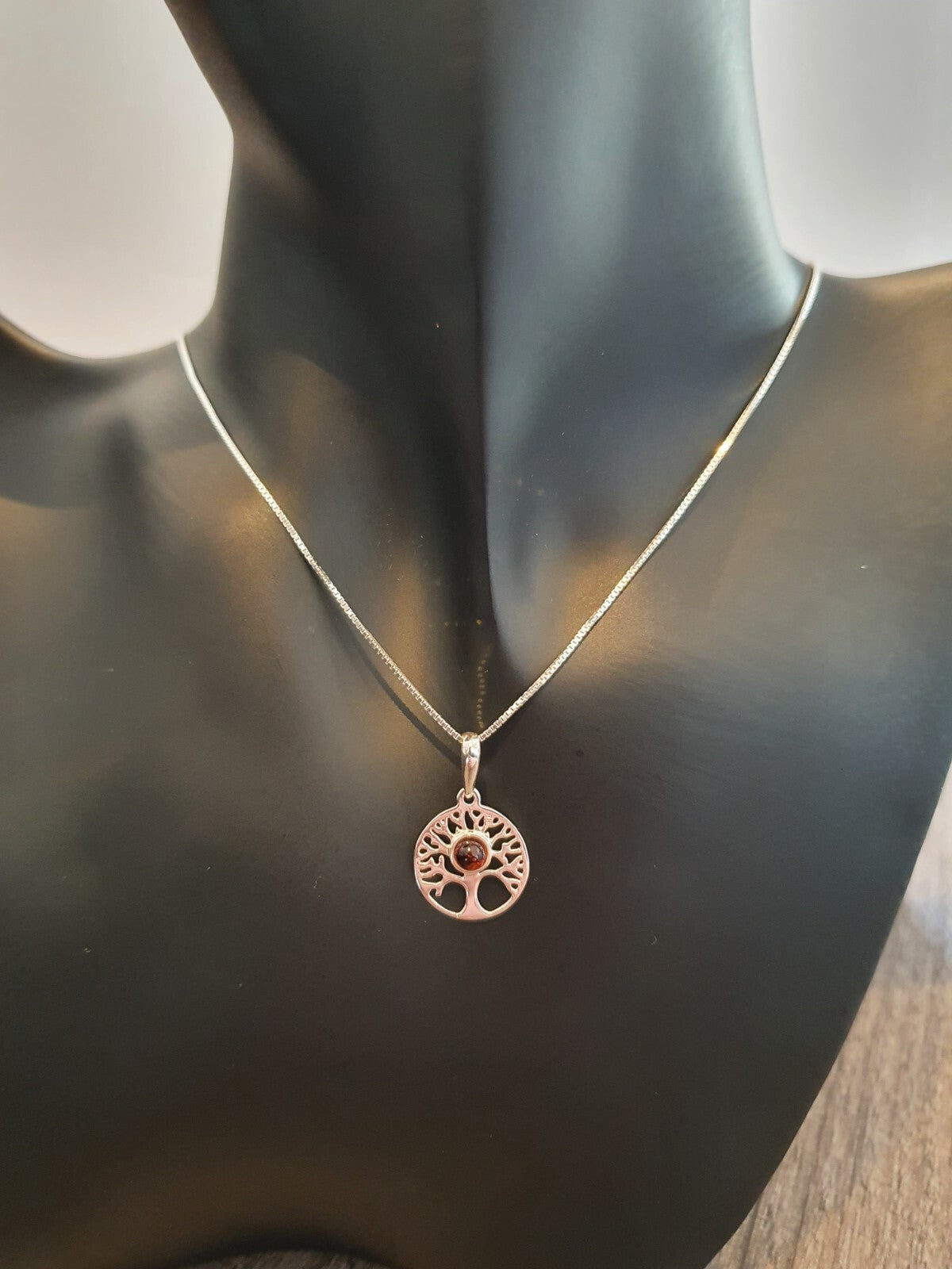 Amber Tree of Life Pendant Solid Sterling Silver 925 Hallmark 18" Chain