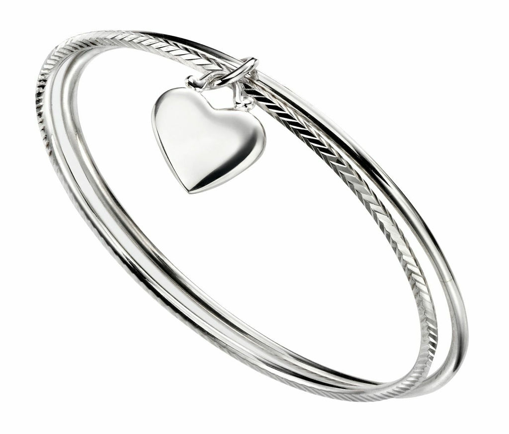 Diamond Cut Double Bangle With Heart Tag Solid Sterling Silver Hallmarked