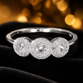 Triple Stone Halo Ring Sterling Silver 925 Hallmarked British Made Size L - Q