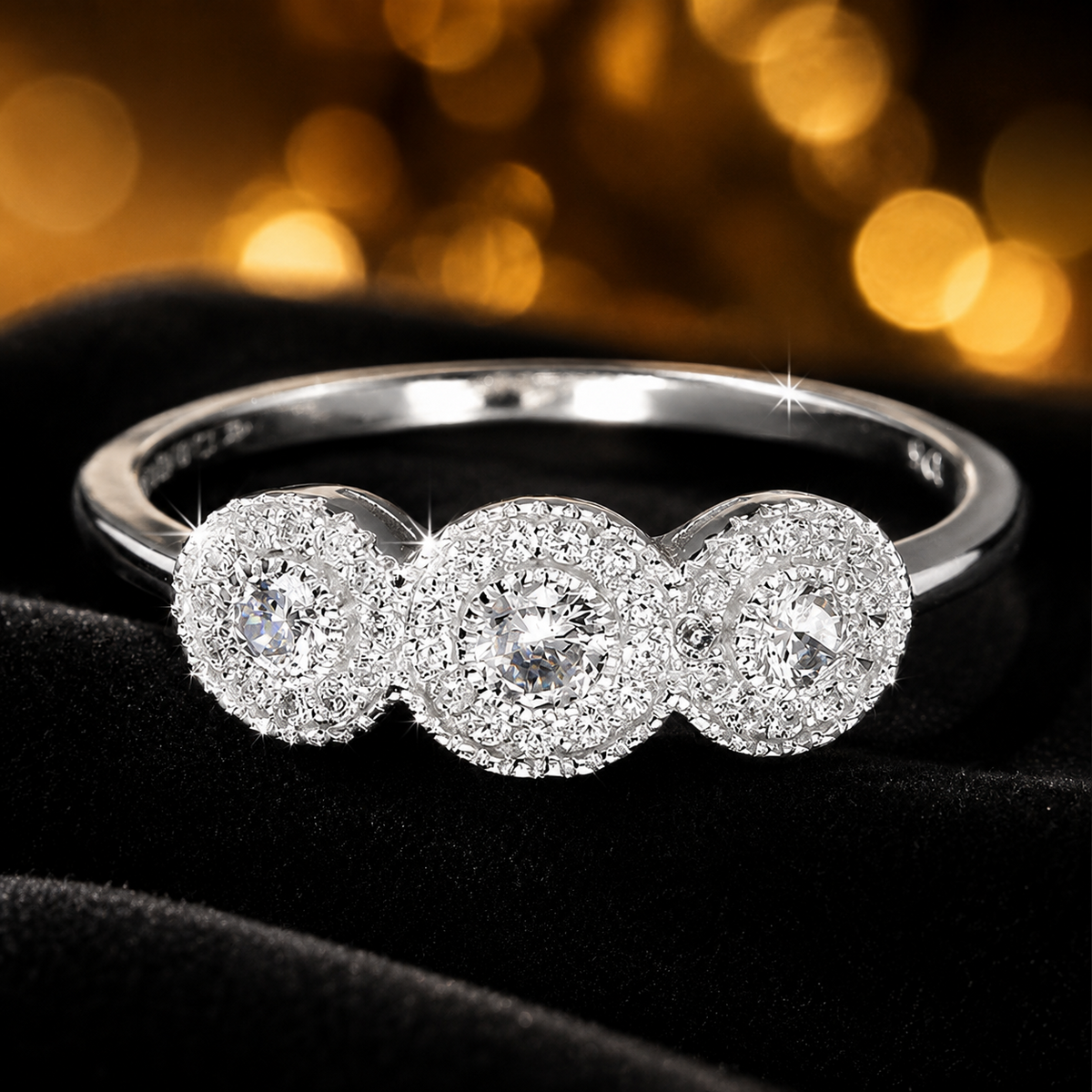 Triple Stone Halo Ring Sterling Silver 925 Hallmarked British Made Size L - Q