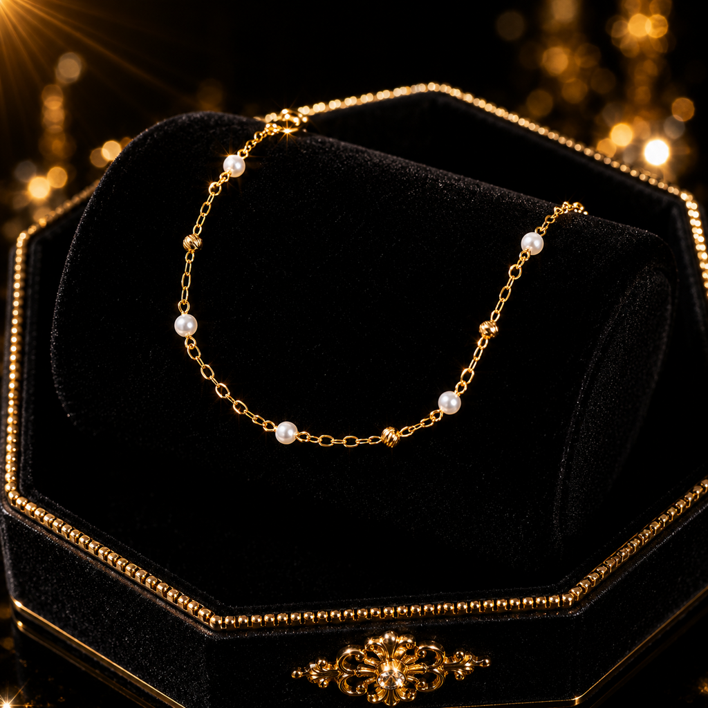 Pearl Trace Station Bracelet In 9ct Yellow Gold 375 Hallmarked British Made