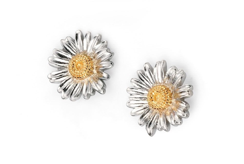 Sterling Silver Daisy Stud Earrings Yellow Gold Detail 925 Hallmarked