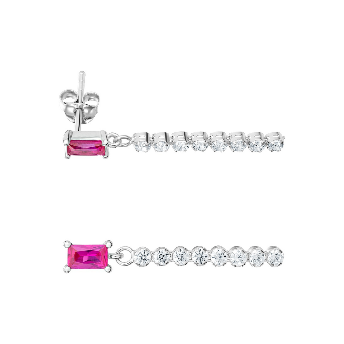 Baguette Ruby Drop Earrings Sterling Silver 925 Hallmarked British Made