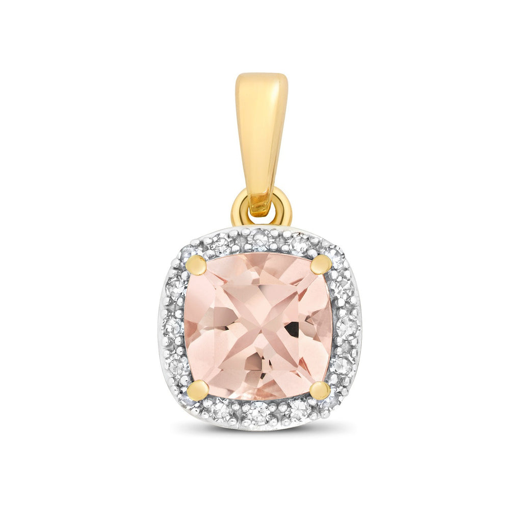 Cushion Morganite Diamond Pendant 9ct Multi Tone Gold 375 Hallmark Chain Lengths