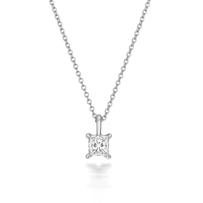 1 Natural Diamond Princess Cut Necklace 18ct White Gold Hallmarked British Made