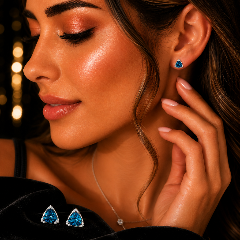 Natural Triangular Blue Topaz Diamond Earrings 9ct White Gold 375 Hallmarked
