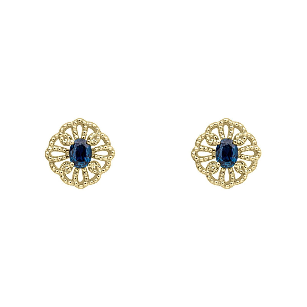 Floral Sapphire Stud Earrings 9ct Yellow Gold 375 Hallmarked British Made