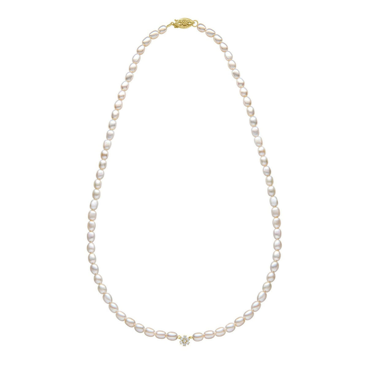 Diamond Flower And Pearl Necklace 9ct Yellow Gold 375 Hallmarked British Made