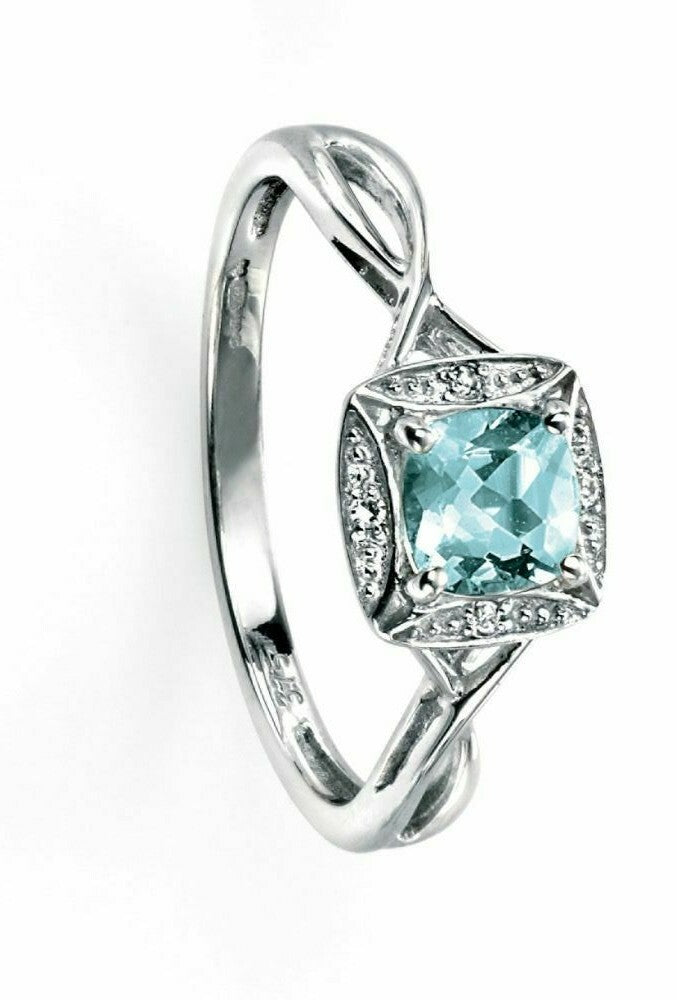 9ct White Gold Diamond and Aquamarine Ring British Made L - Q