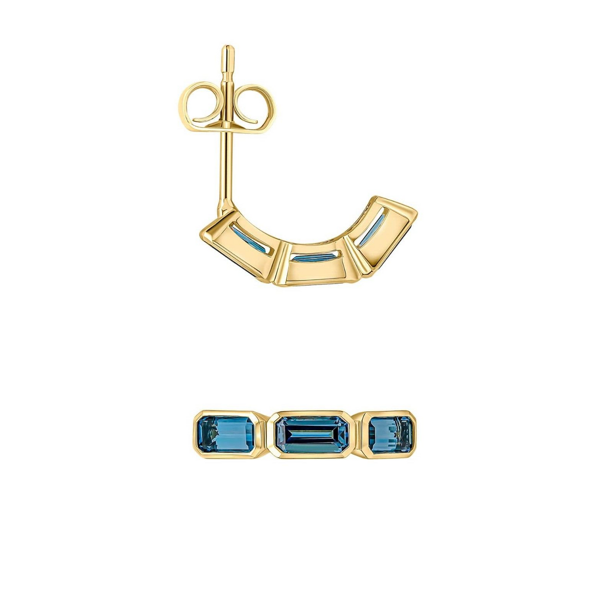 Elongated Blue Topaz Half Hoop Earrings 9ct Yellow Gold 375 Hallmarked