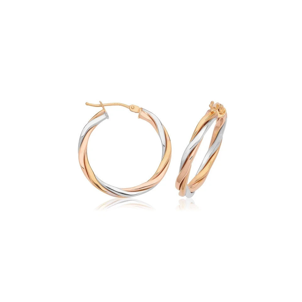 9ct 2 Tone Gold Hinged Twist Hoop Earrings 375 Hallmarked 10mm - 30mm Diameter