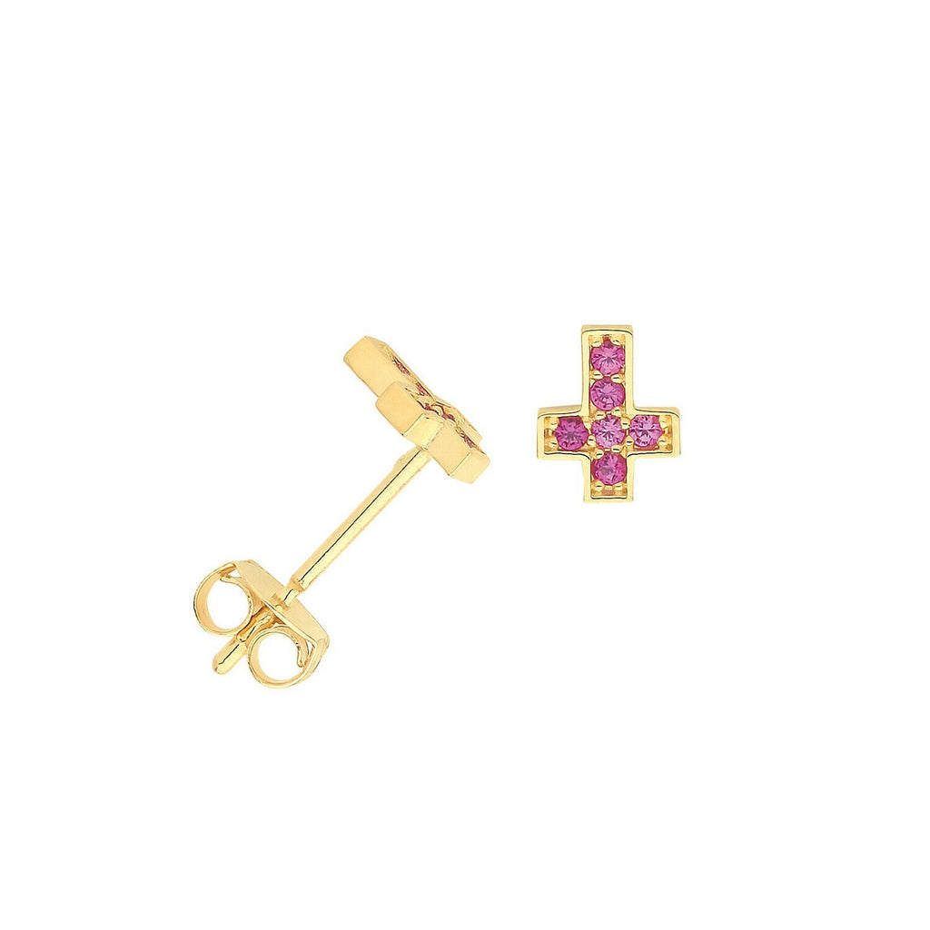 Yellow Gold Ruby Earrings Cross Stud Natural Stone 375 9 Carat New Boxed