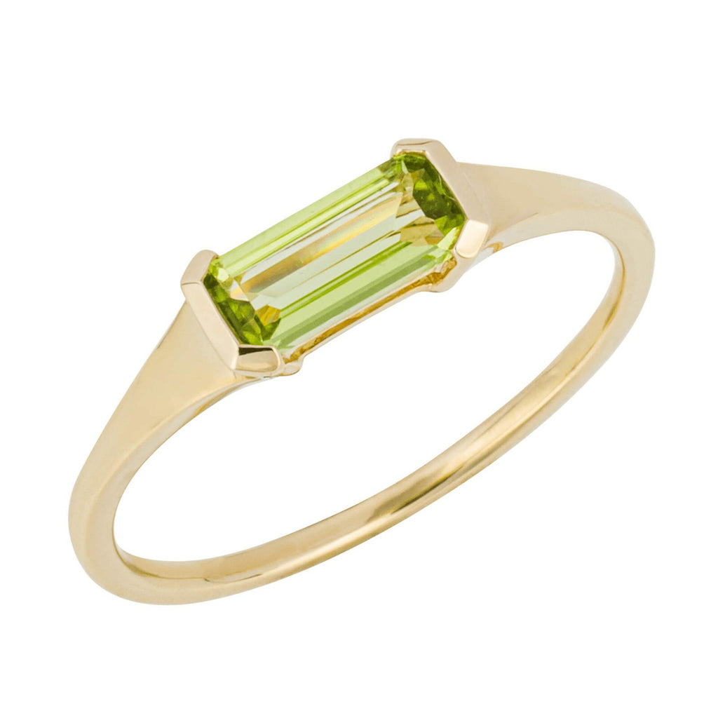 Elongated Baguette Peridot Ring 9ct Yellow Gold British Made Sizes L - Q