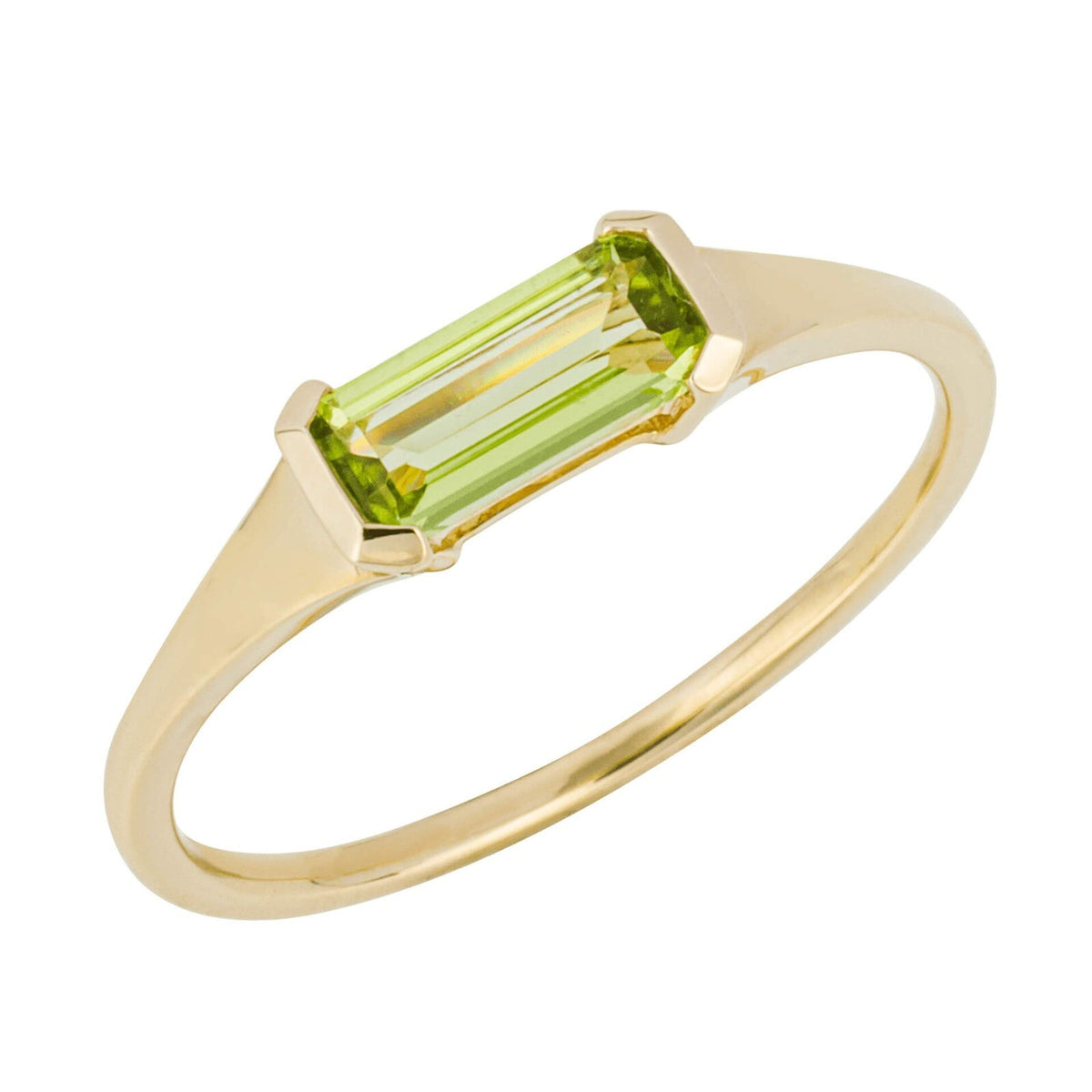 Elongated Baguette Peridot Ring 9ct Yellow Gold British Made Sizes L - Q
