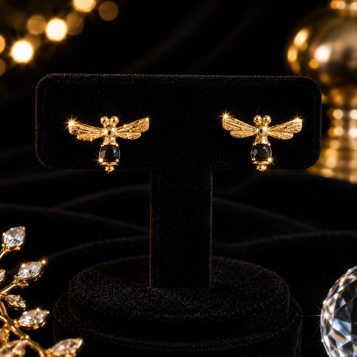 Onyx Bumble Bee Stud Earrings 18ct Yellow Gold Plated Hallmarked British Made