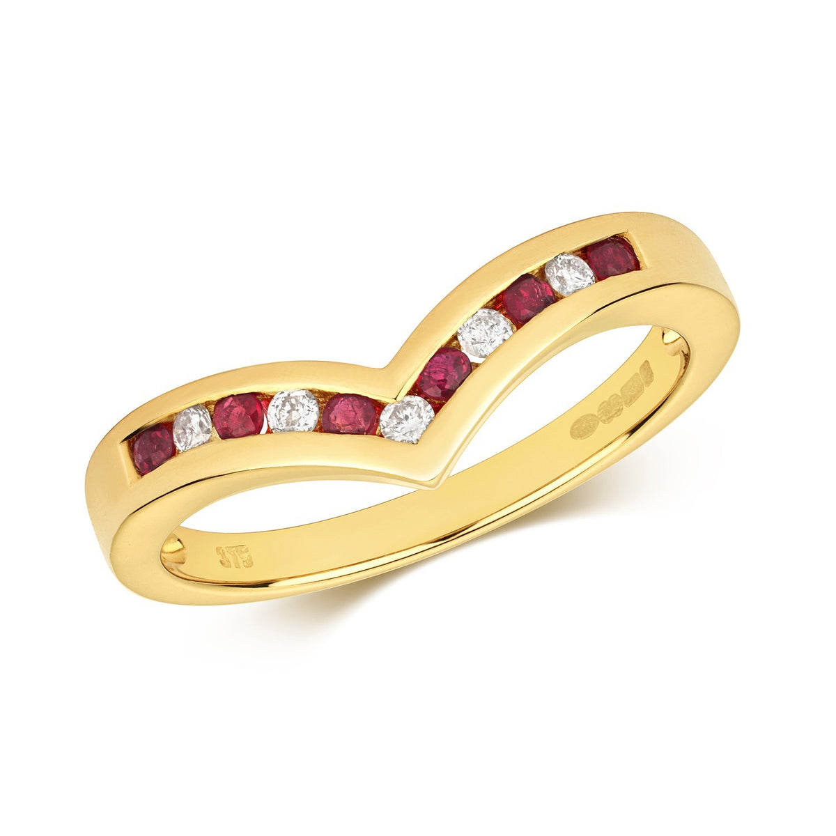 Ruby Diamond Wishbone Ring 9ct Yellow Gold 375 Hallmarked Sizes J - Q