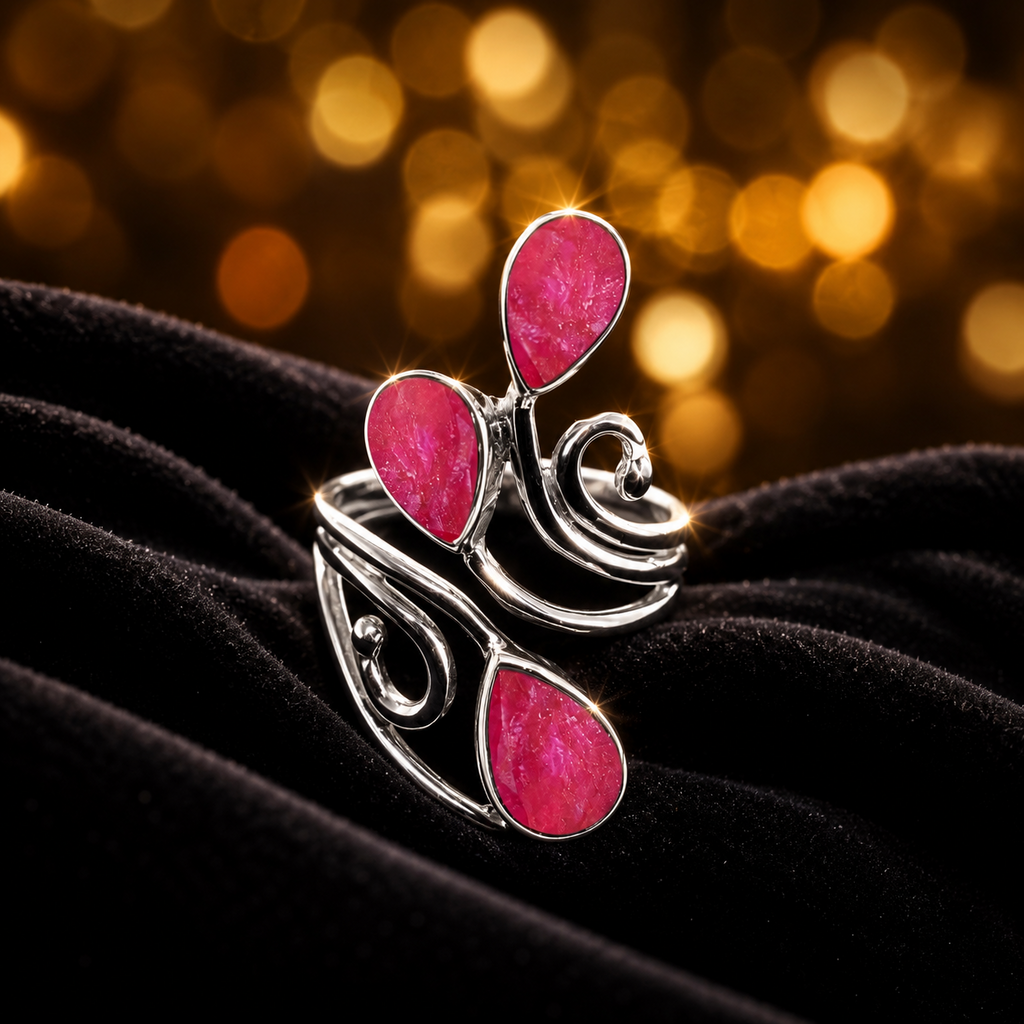Ruby Quartz Petal Wrap Ring Sterling Silver 925 Hallmark British Made Size K - T
