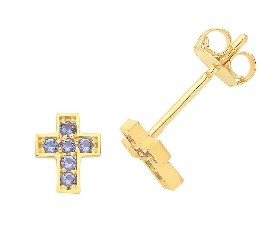 Yellow Gold Sapphire Earrings Cross Stud Natural Stone 375 9 Carat New Boxed