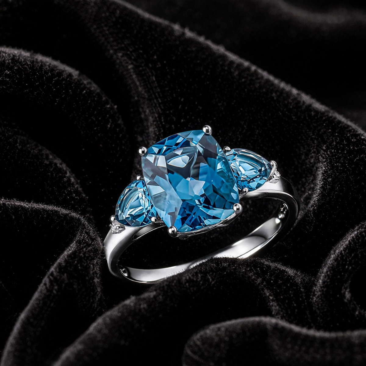 3 Stone London Blue Topaz Ring in Solid 9ct White Gold 375 Hallmarked
