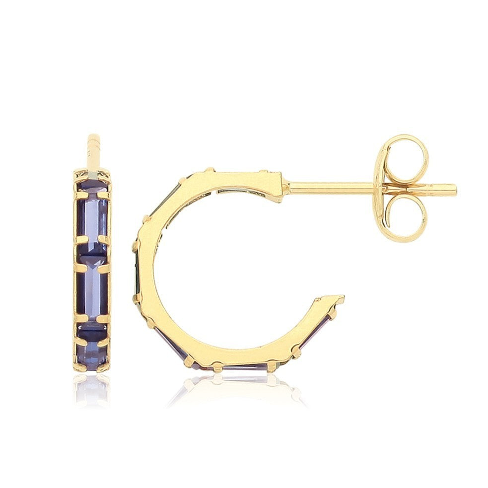 Natural Baguette Sapphire Hoop Earrings 9ct Yellow Gold 375 Hallmarked Brand New