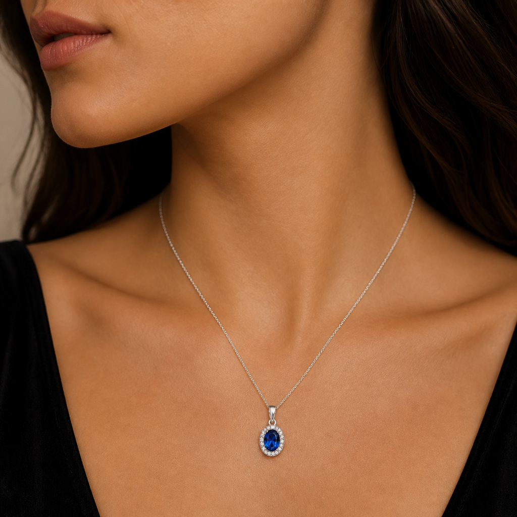 Oval Sterling Silver Sapphire Pendant Hallmarked British Made All Chain Lengths