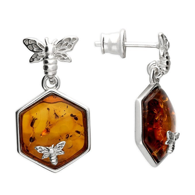 Amber Bee Drop Earrings Sterling Silver 925 Hallmarked British Made Brand New