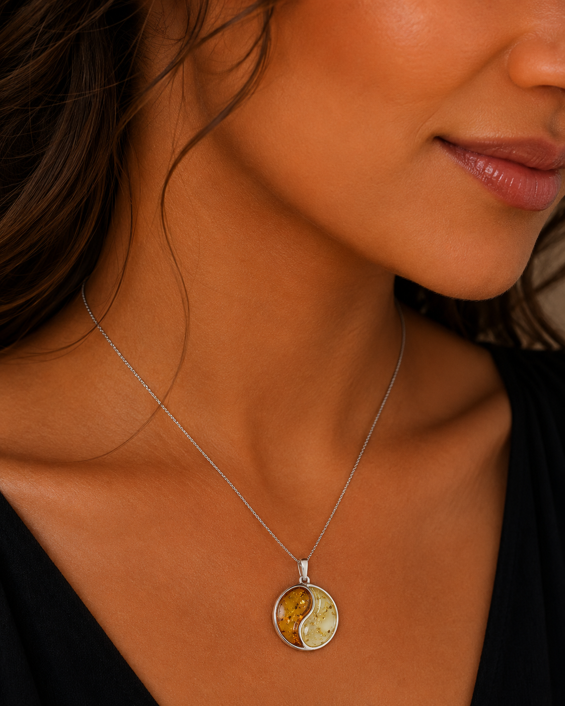 Ying Yang Chinese Amber Pendant Sterling Silver 925 Hallmarked All Chain Lengths