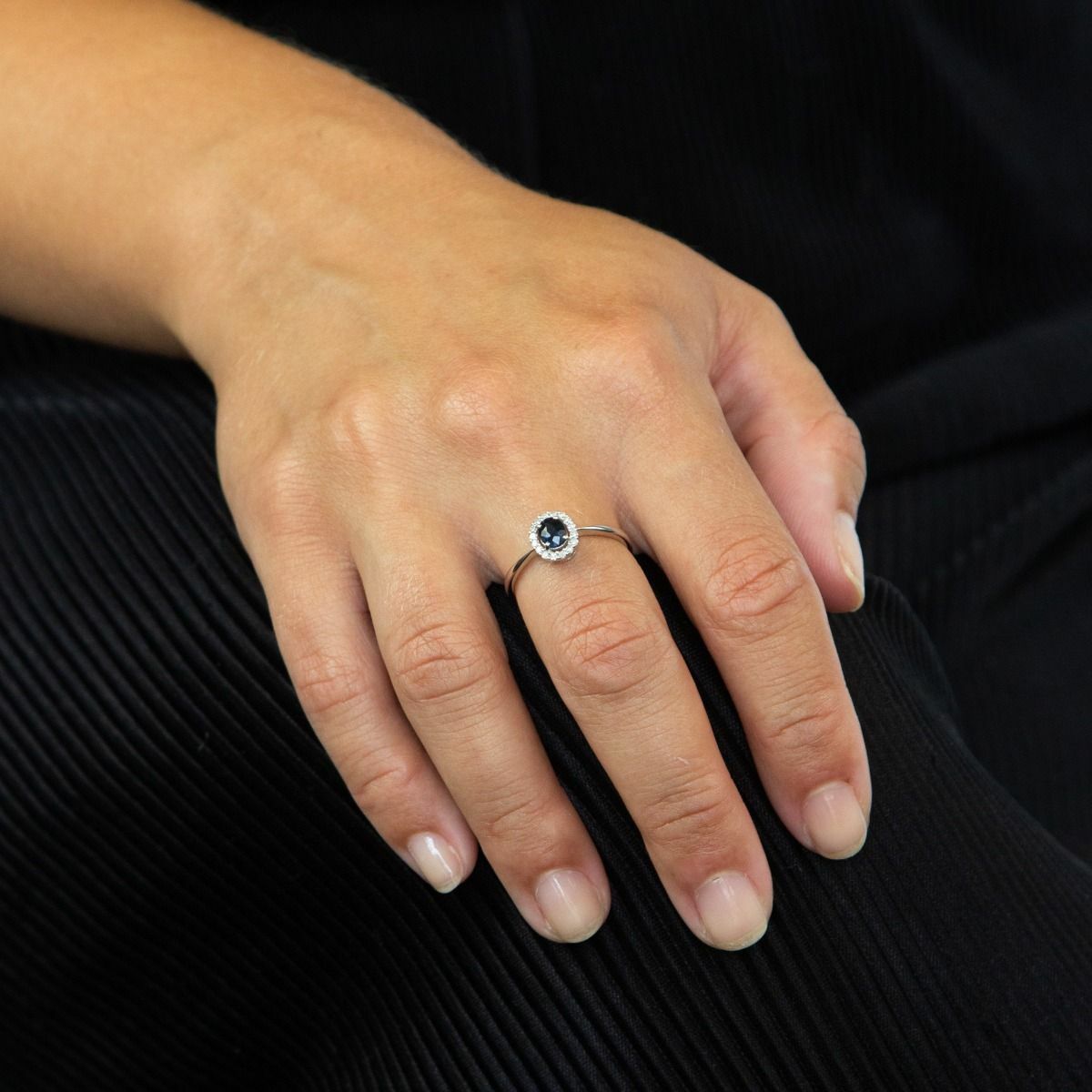 Natural Blue Sapphire Ring with Diamond Cluster Surround 9ct White Gold
