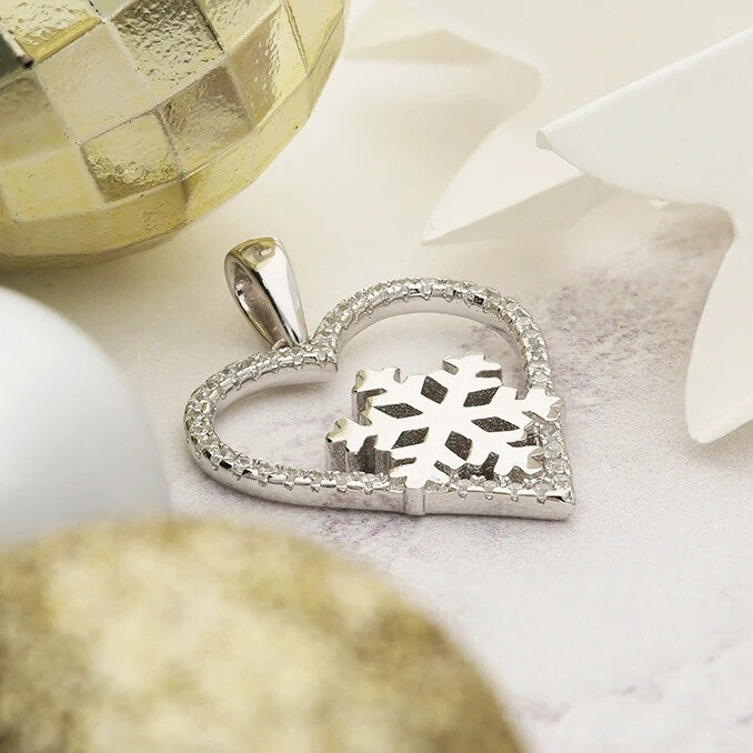 Heart & Snowflake Pendant Sterling Silver 925 Hallmarked All Chain Lengths