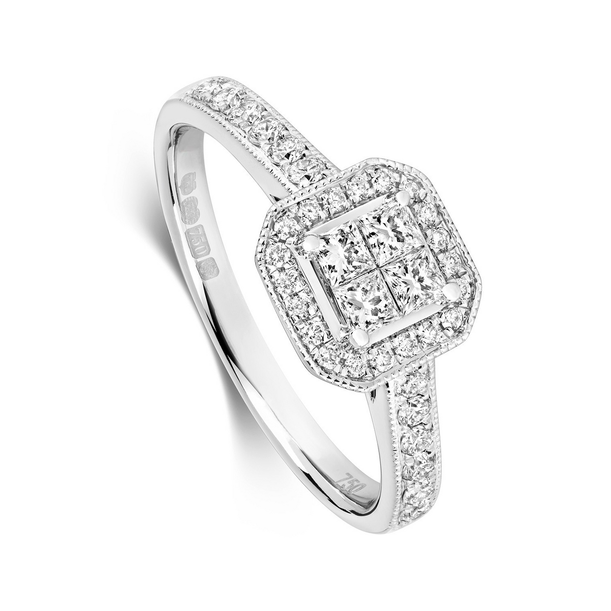 Princess Natural Diamond Halo Ring 18ct White Gold Hallmarked Sizes J - Q