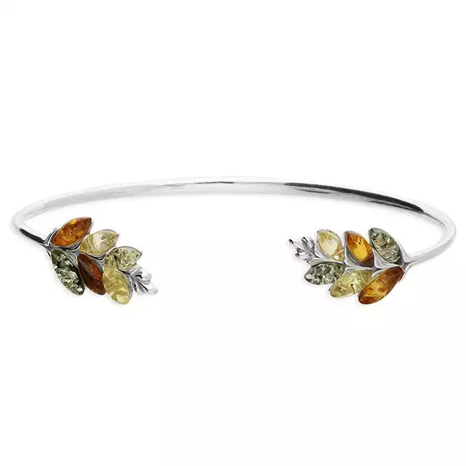 Mixed Leaf Amber Bangle Sterling Silver 925 Hallmarked British Made Brand New