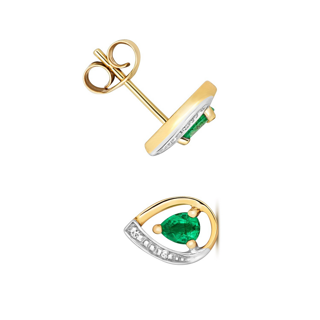 Emerald Teardrop Diamond Stud Earrings 9ct Multi Gold 375 Hallmark British Made