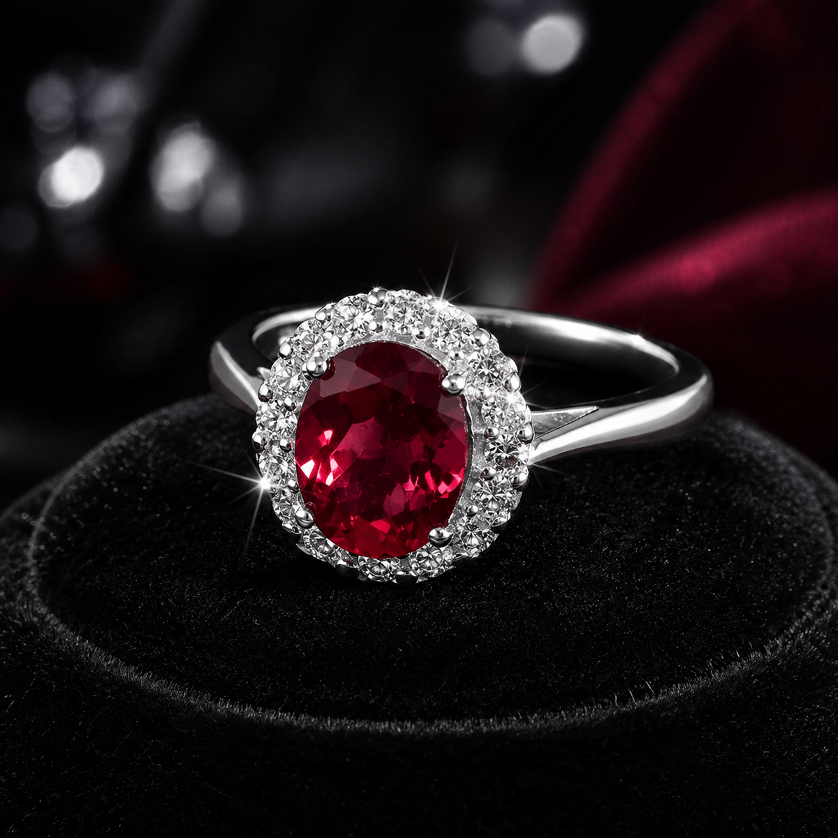 Oval Halo Ruby Ring Sterling Silver 925 Hallmarked British Made Size M - R