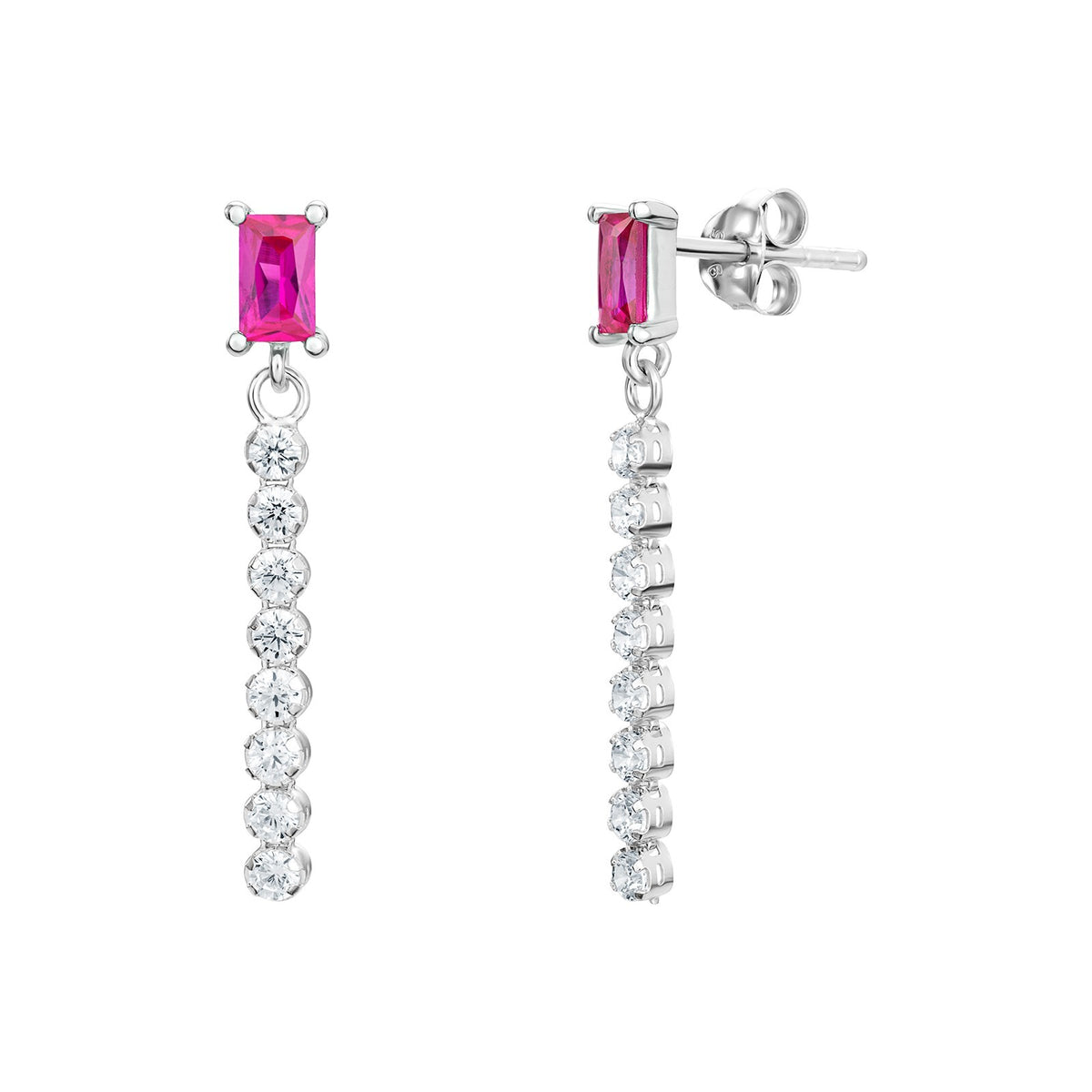 Baguette Ruby Drop Earrings Sterling Silver 925 Hallmarked British Made