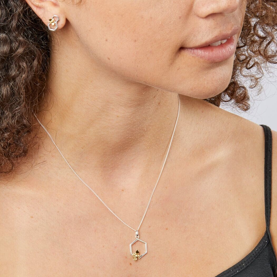 Hexagon Bumble Bee Pendant 9ct Yellow Gold Plated Hallmarked All Chain Lengths