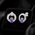 Amethyst Claddagh Stud Earrings Sterling Silver 925 Hallmarked British Made