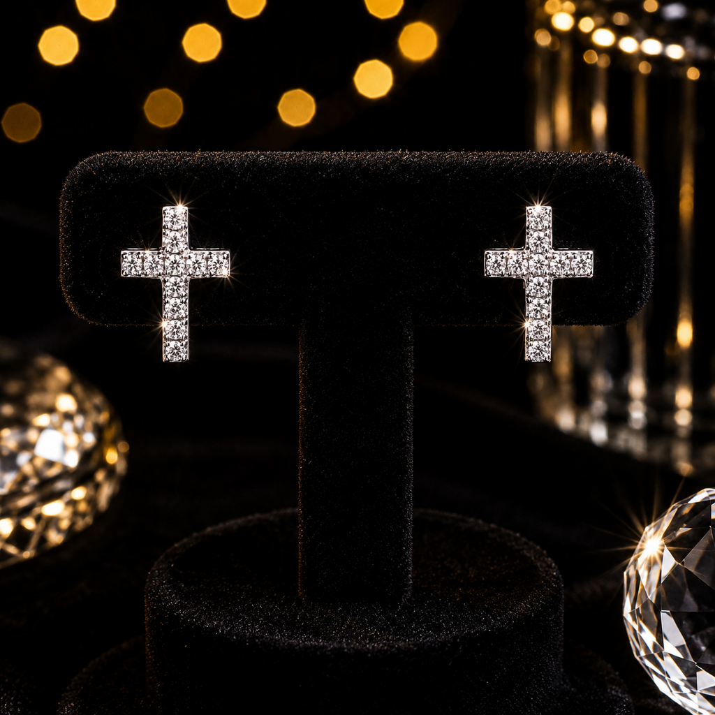 Small Cross Zircon Stud Earrings Sterling Silver 925 Hallmarked Brand New Boxed