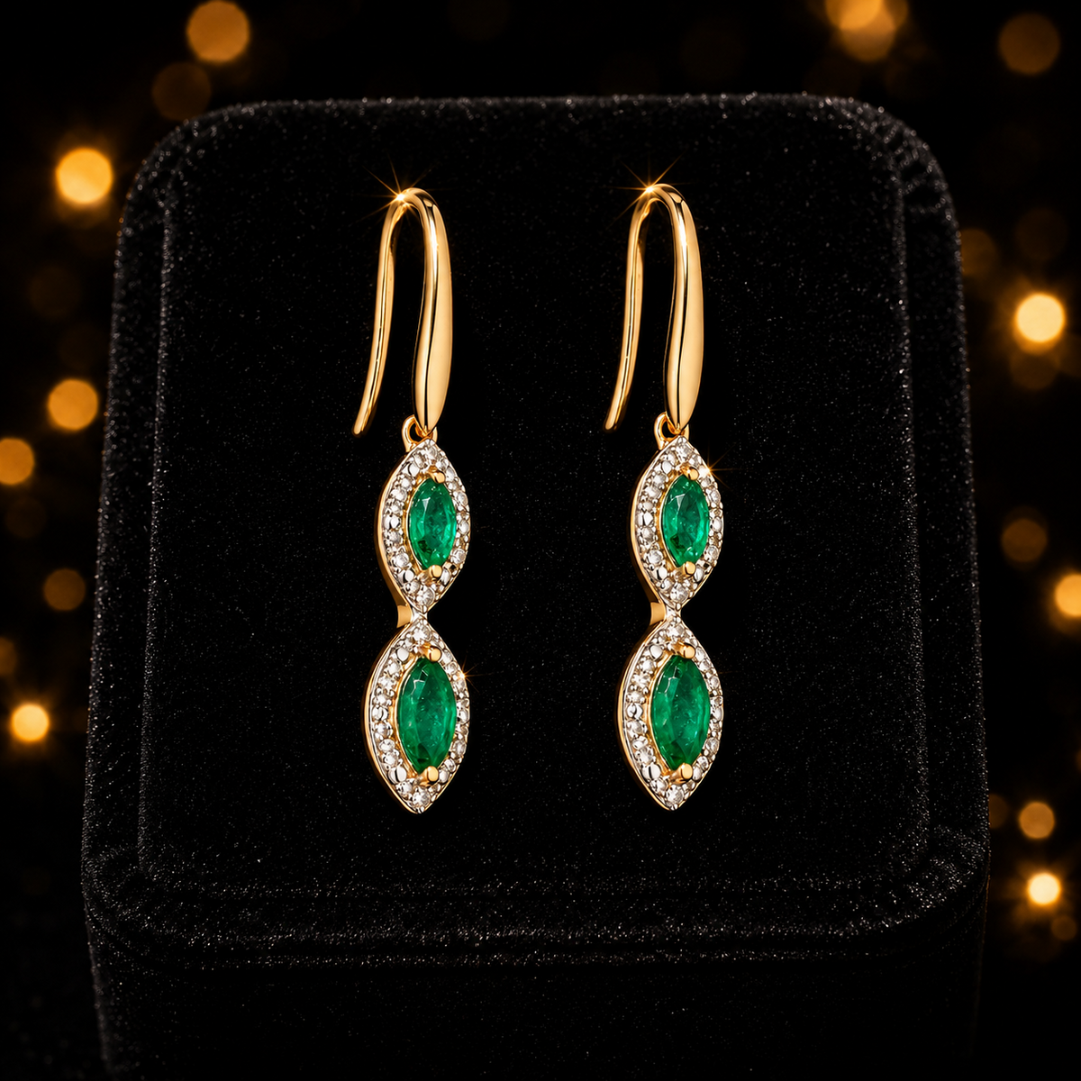 Emerald And Diamond Marquise Earrings 9ct Yellow Gold 375 Hallmark British Made