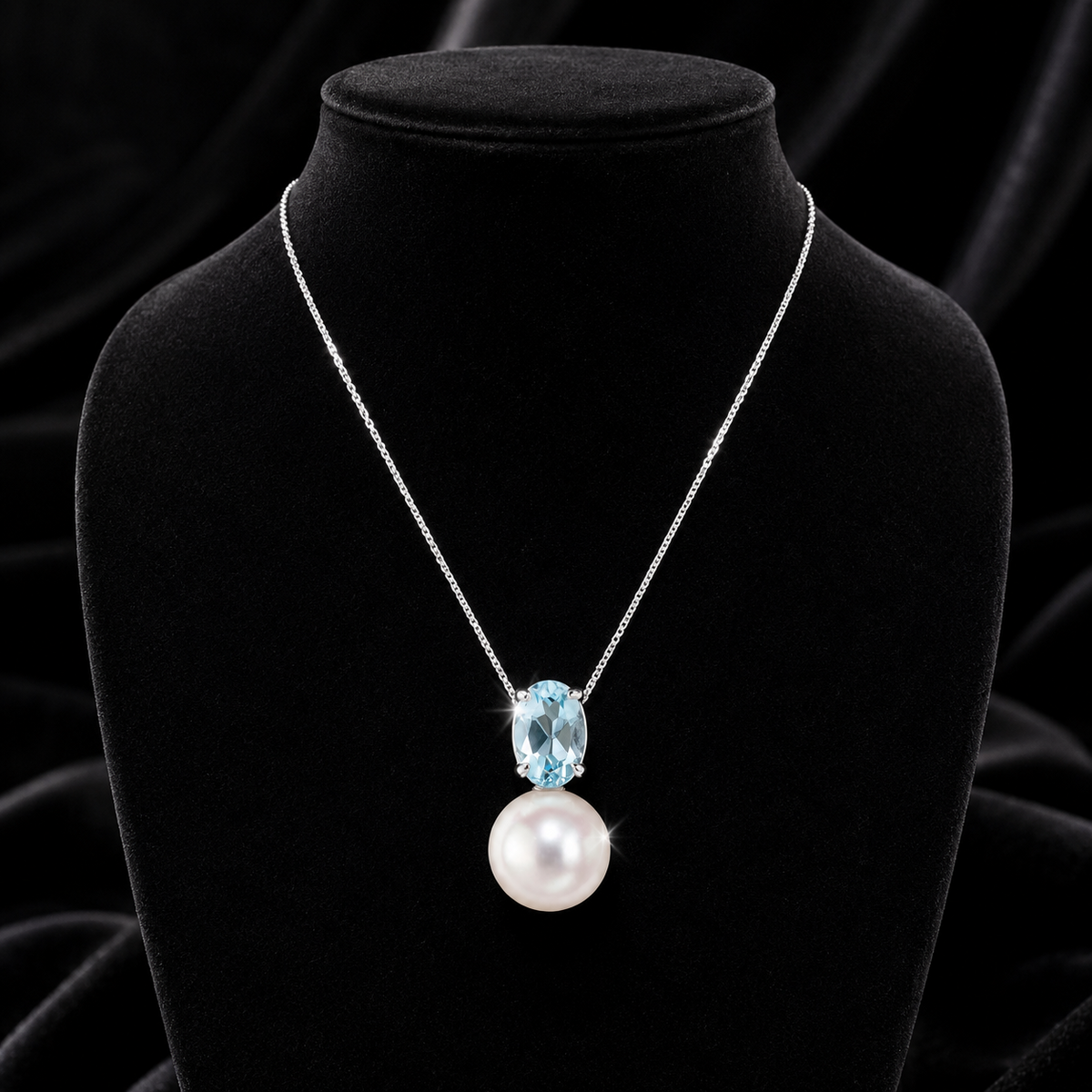 Round Pearl & Topaz Pendant 9ct White Gold 375 Hallmarked British Made