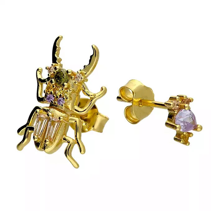 Beetle Paired Stud Earrings 18ct Yellow Gold Plated Hallmarked British Made